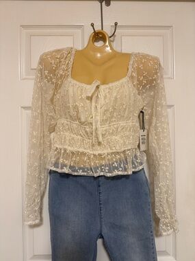 Japna L Smocked Cropped Lace Offwhite Delicate Ivory Floral Lace Peasant Top